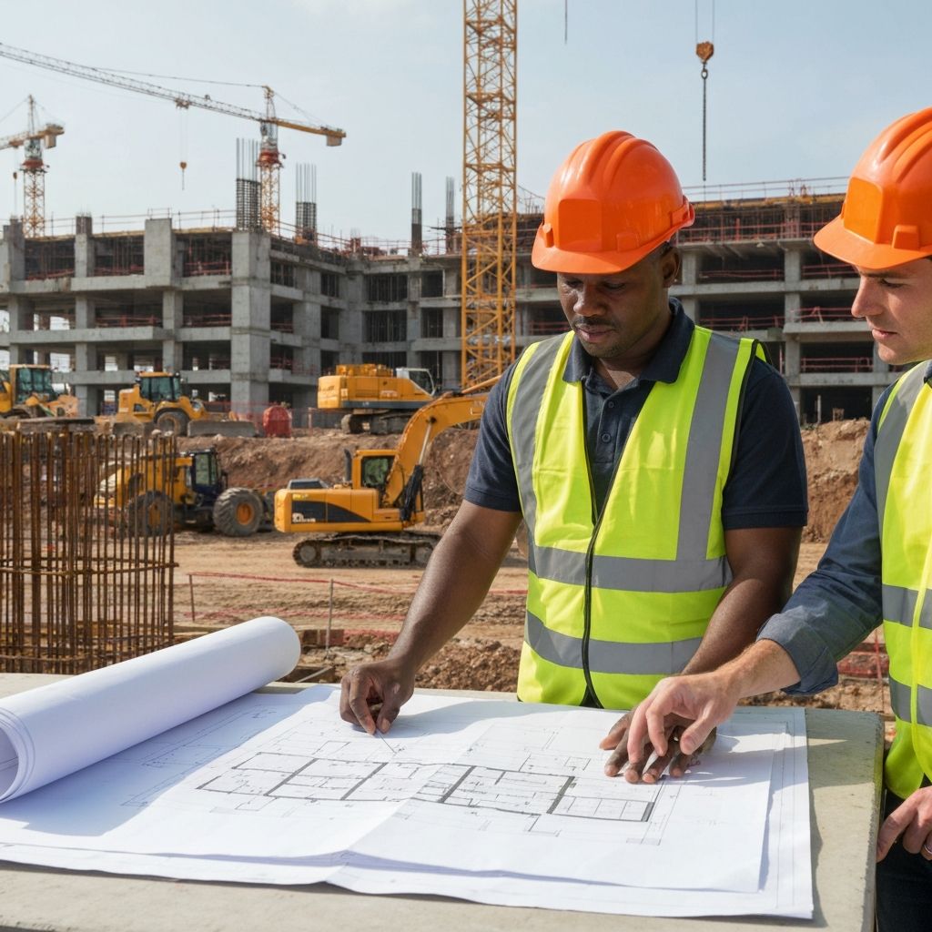 Construction experts reviewing plans